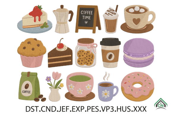 Cute Cafe Embroidery Design Elements