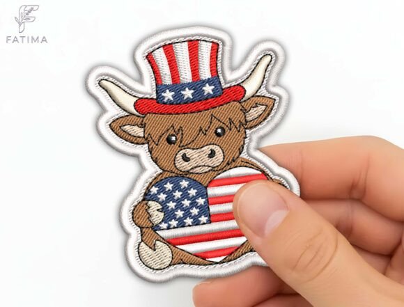 Patriotic Highland Cow Patch Embroidery