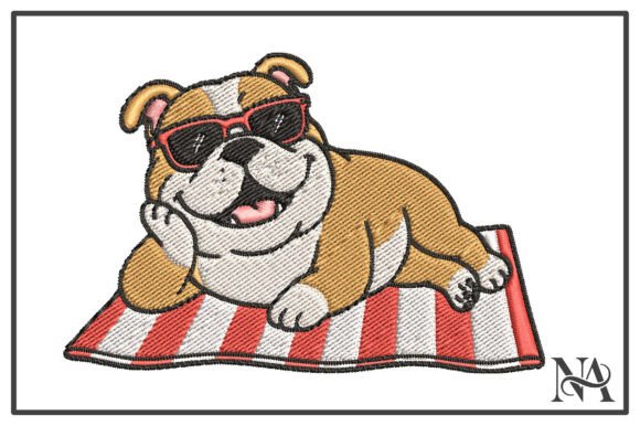 Summer Bulldog Sunbathing Embroidery